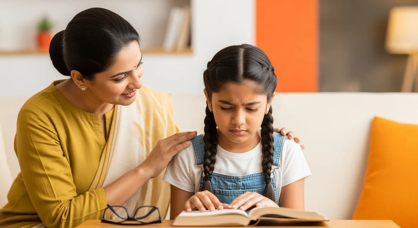 Indian mother comforting her daughter who is struggling to read a book due to vision issues, hinting at undiagnosed pediatric myopia.